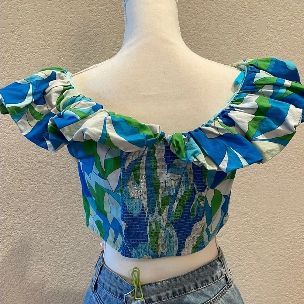 Maeve by Anthropologie Blue/Green Ruffled Off-Shoulder Crop Blouse